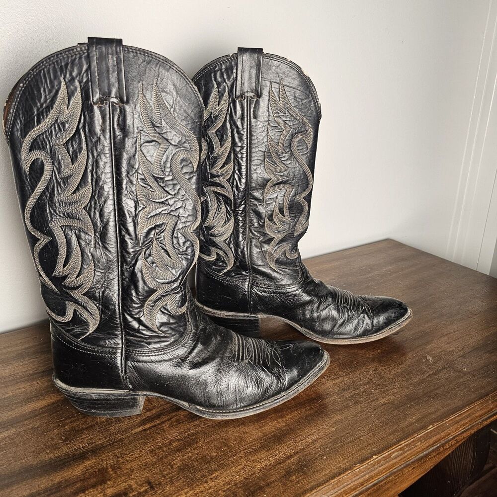 Nocona Men's Black Leather Cowboy Boots Size 10D, USA, Western, Red Stitching